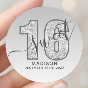 Sticker Rond Joyeux 16e anniversaire écriture paillettes argent