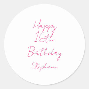Sticker Rond Joyeux 16e anniversaire rose blanc XVIe 2024