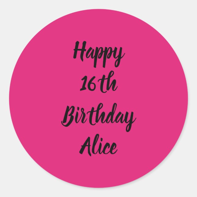 Sticker Rond Joyeux 16e anniversaire rose noir Nom personnalisé (Devant)