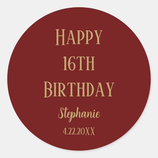 Sticker Rond Joyeux 16e anniversaire Seize Gold Bourgogne Rouge (Devant)