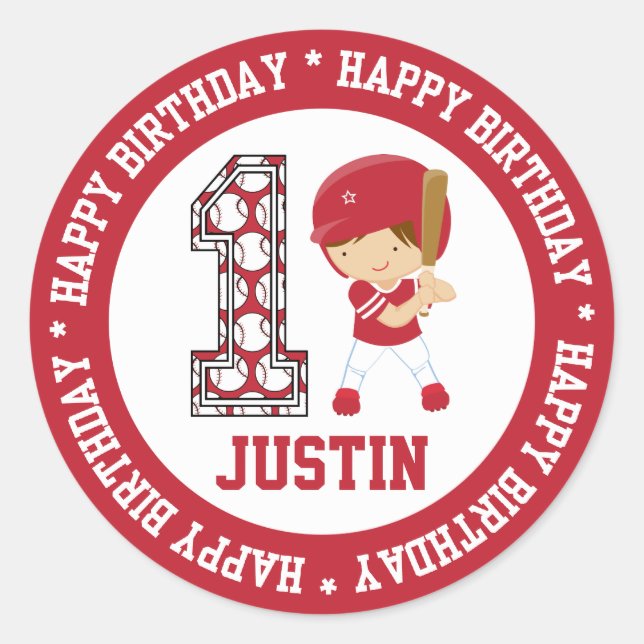 Sticker Rond Joyeux 1er Anniversaire Batteur de Baseball Rouge (Devant)