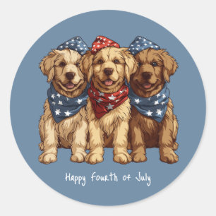 Sticker Rond Joyeux 4 Juillet Chiens De Rétritrice D'Or