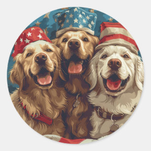 Sticker Rond Joyeux 4 Juillet Chiens De Rétritrice D'Or