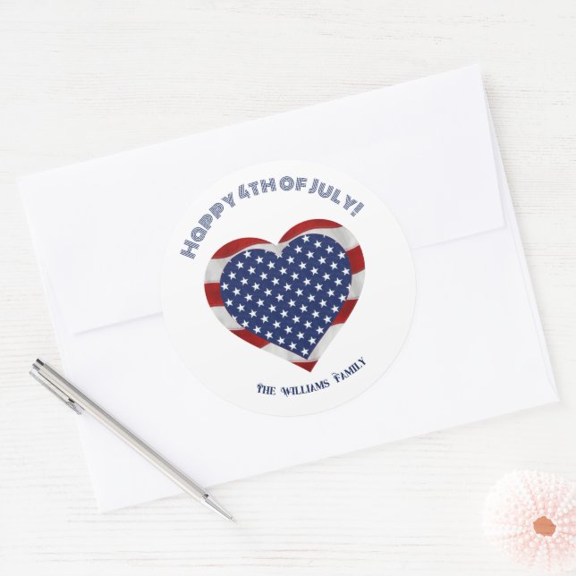 Sticker Rond Joyeux 4 juillet Étoiles et bandes Cœur (Enveloppe)
