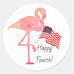 Sticker Rond Joyeux 4 juillet Flamant rose du drapeau américain