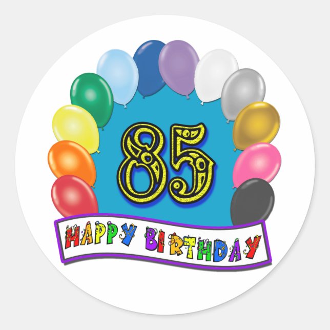 Sticker Rond Joyeux 85ème anniversaire avec ballons (Devant)