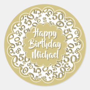 Sticker Rond Joyeux anniversaire 50e Cool Numéro Motif Or/Blanc