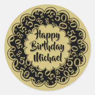 Sticker Rond Joyeux anniversaire 50e Cool Numéro Motif Or/Noir