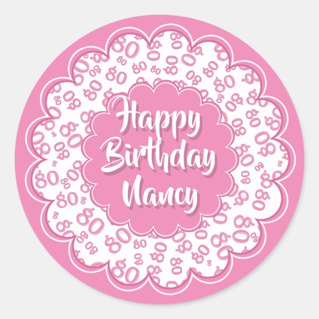 Sticker Rond Joyeux anniversaire 80e numéro Motif rose et blanc (Devant)