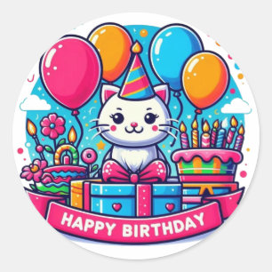 Sticker Rond Joyeux Anniversaire Adorable Chat Kitty