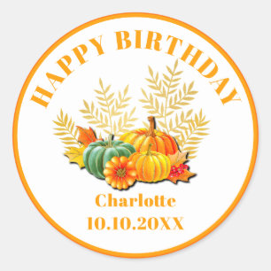 Sticker Rond Joyeux anniversaire Automne Feuilles et citrouille