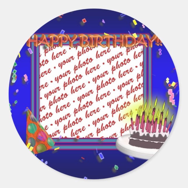 Sticker Rond Joyeux Anniversaire Avec Cadre Photo Confetti (Devant)