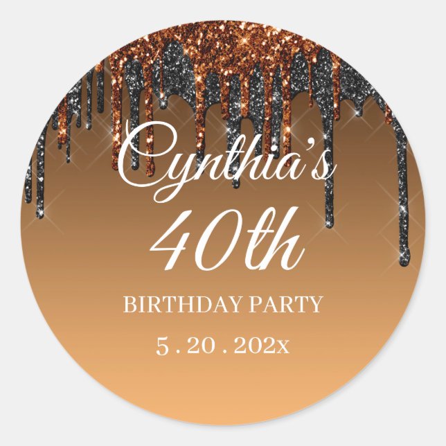 Sticker Rond Joyeux anniversaire avec goutte d'or et de Parties (Devant)