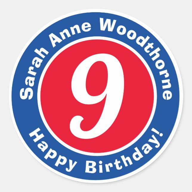 Sticker Rond Joyeux anniversaire avec nom et âge 9 (Devant)