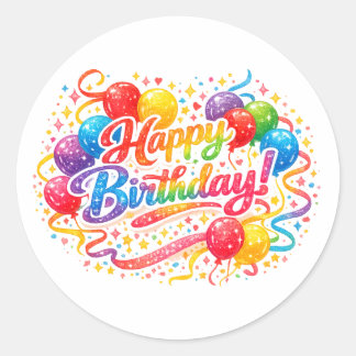 Sticker Rond Joyeux Anniversaire Ballons Arc-en-ciel Confettis 