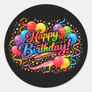 Sticker Rond Joyeux Anniversaire Ballons Arc-en-Ciel Confettis 