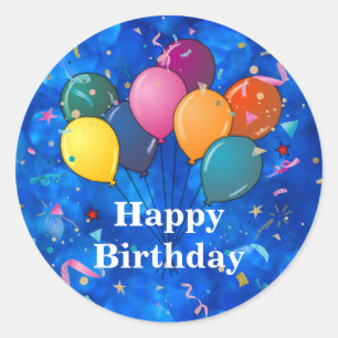 Sticker Rond "Joyeux Anniversaire", Ballons de Fête, Confetti,