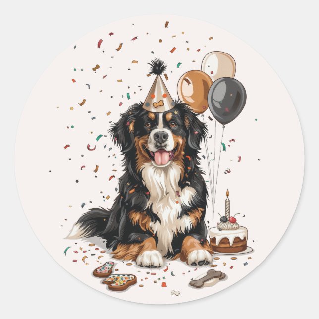 Sticker Rond Joyeux anniversaire Bernese Mountain Dog (Devant)