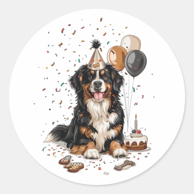 Sticker Rond Joyeux anniversaire Bernese Mountain Dog (Devant)