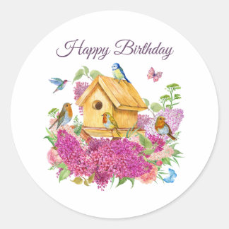Sticker Rond Joyeux Anniversaire Birdhouse Lilac Fleurs