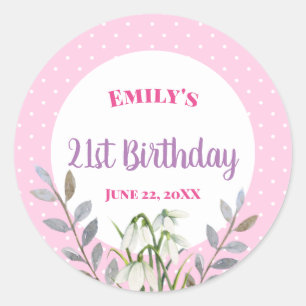 Sticker Rond Joyeux Anniversaire blanc neige gouttes Pink Polka