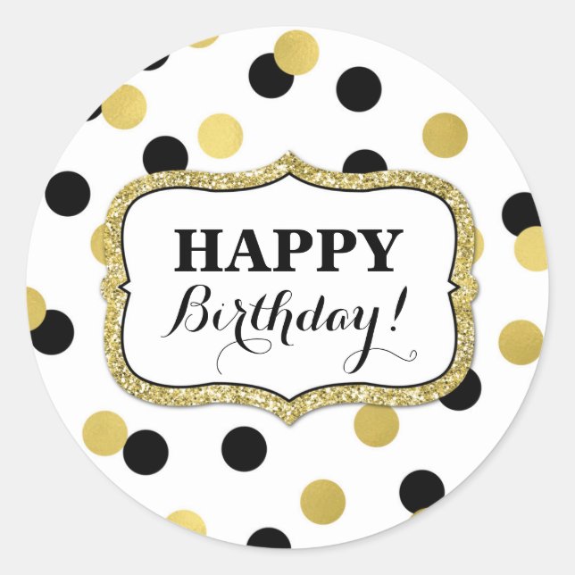 Sticker Rond Joyeux Anniversaire Blanc Noir Confetti Or (Devant)