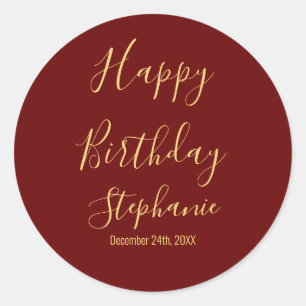 Sticker Rond Joyeux Anniversaire Bourgogne Foncé Rouge Or Nom P
