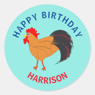 Sticker Rond Joyeux Anniversaire Cartoon Rooster