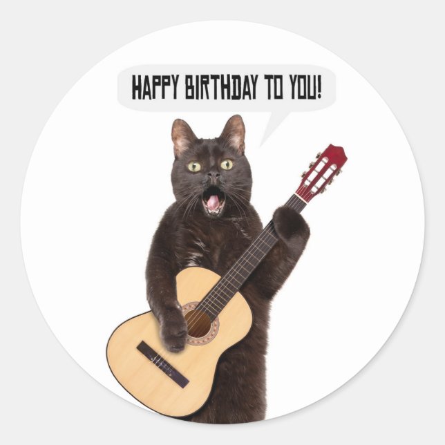 Sticker Rond Joyeux Anniversaire Chat chanter et jouer de la gu (Devant)