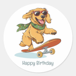 Sticker Rond Joyeux Anniversaire Chien Retriever D'or Planche à