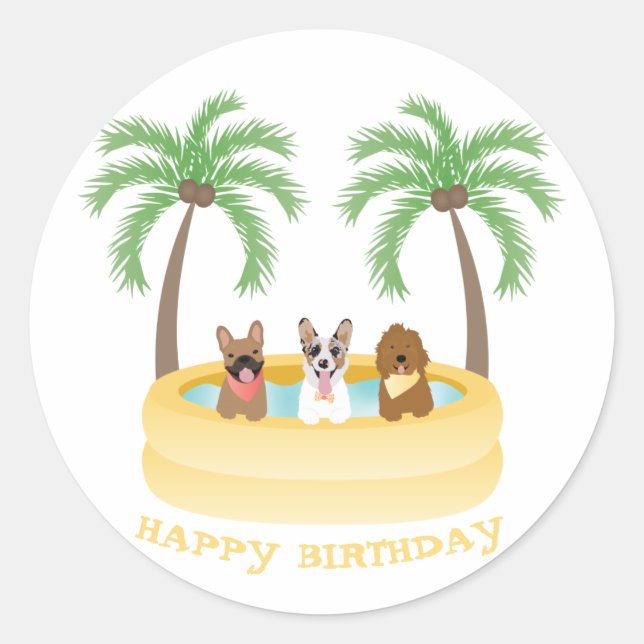 Sticker Rond Joyeux Anniversaire Chiens d'été Piscine (Devant)