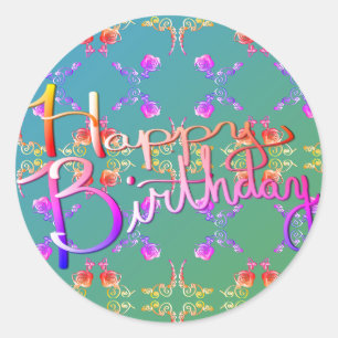 Sticker Rond "Joyeux anniversaire !" Coeurs Roses écrits à la m