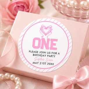 Sticker Rond Joyeux Anniversaire Coquette Ruban Rose 1 an