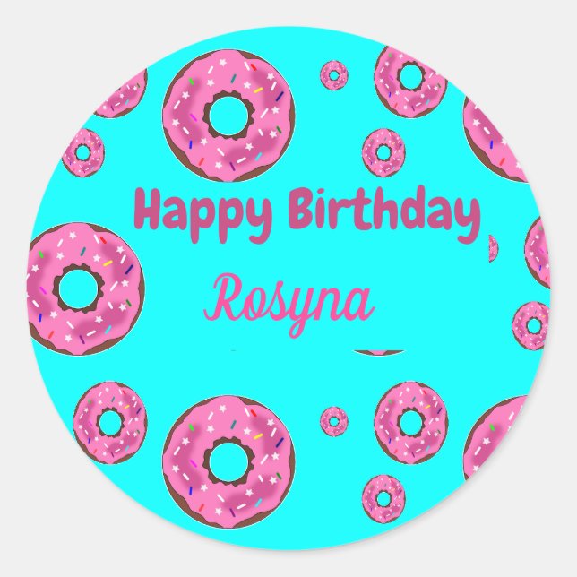 Sticker Rond Joyeux anniversaire crème rose beignets bleu (Devant)