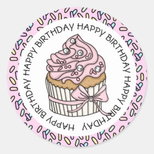 Sticker Rond Joyeux Anniversaire Cupcake rose et vanille