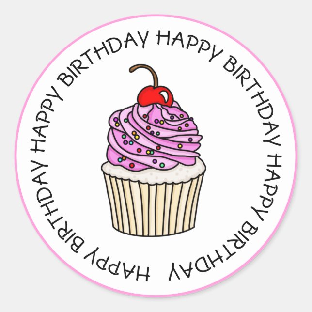 Sticker Rond Joyeux Anniversaire Cupcake Rose et Vanille (Devant)