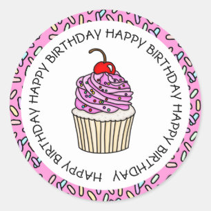 Sticker Rond Joyeux Anniversaire Cupcake Rose et Vanille