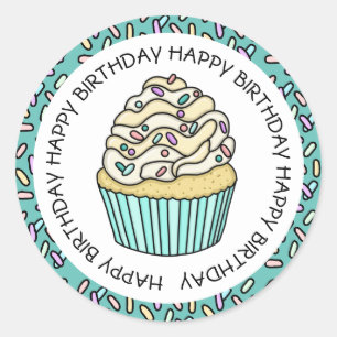 Sticker Rond Joyeux Anniversaire Cupcake Teal et Vanille