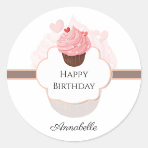 Sticker Rond Joyeux anniversaire CUSTOMISÉ Cupcake