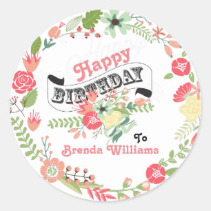 Sticker Rond Joyeux Anniversaire Cute Floral Wreath