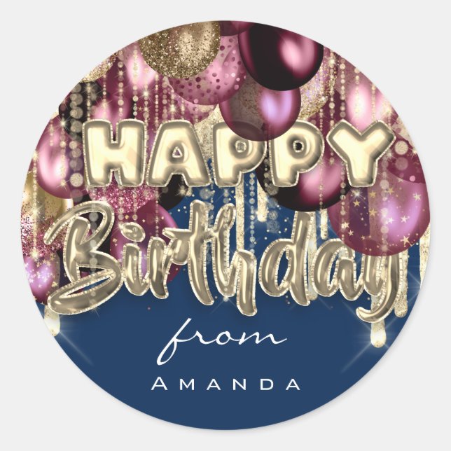 Sticker Rond Joyeux anniversaire de Bourgogne or Ballons bleu (Devant)