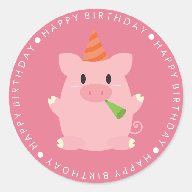 Sticker Rond Joyeux Anniversaire De Cochon Rose (Devant)