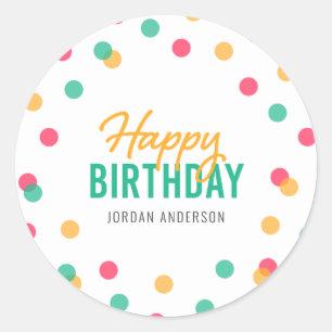 Sticker Rond Joyeux anniversaire de confettis turquoises roses