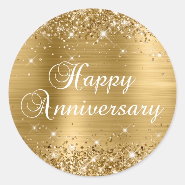 Sticker Rond Joyeux Anniversaire de Mariage Feuille d'Or Paille (Devant)