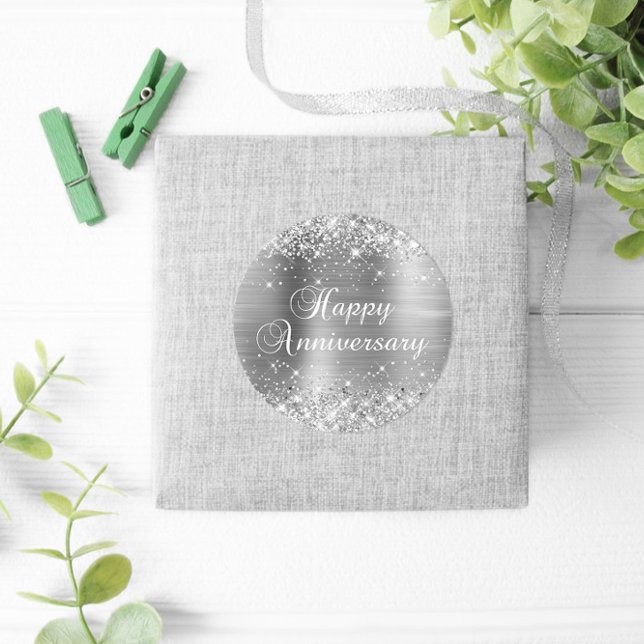 Sticker Rond Joyeux Anniversaire de Mariage Pailleté Argenté (Silvery Glitter Favor Stickers)