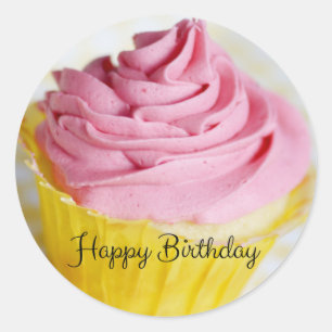 Sticker Rond Joyeux anniversaire de petits gâteaux roses