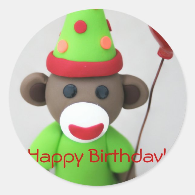 Sticker Rond Joyeux anniversaire de singe de Sock avec ballon r (Devant)