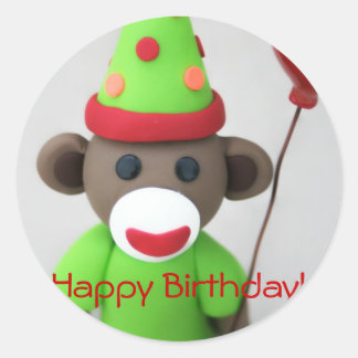 Sticker Rond Joyeux anniversaire de singe de Sock avec ballon r