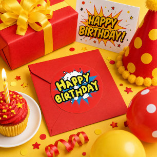 Sticker Rond Joyeux Anniversaire de style bande dessinée