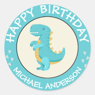 Sticker Rond Joyeux Anniversaire Dinosaure Nom Bébé Bleu